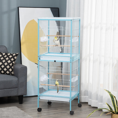 Gaiola para Pássaros com Rodas Gaiola Grande de 2 Níveis com Bandejas Removíveis Portas Comedouros Poleiros para Canários Periquitos 51,5x50x140 cm Azul e Branco