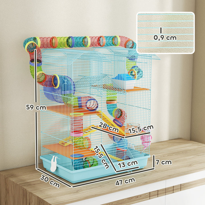 Gaiola para Hamster Casa para Animais Pequenos de Múltiplos Níveis com Sistema de Tubos 4 Plataformas Comedouro Bebedouro Casinha Roda de Exercício Escadas e Bandeja 47x30x59 cm Azul Claro