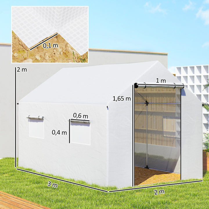 Estufa tipo Túnel 2x3x2 m Estufa de Exterior com 4 Janelas de Malha e Porta com Fecho de Correr Estufa para Cultivos Anti UV para Pátio Jardim Branco