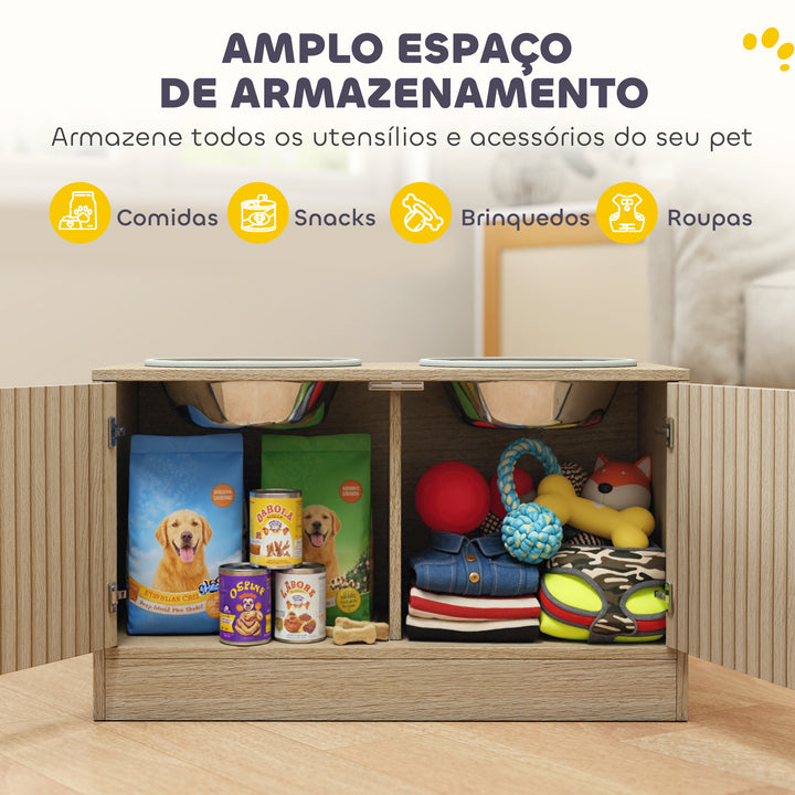 Comedouro Elevado para Cães com 2 Tigelas de Aço Inoxidável 2x2000 ml com 2 Portas Comedouro com Armazenamento Oculto e Antiderrapantes 60x30x35,5 cm Carvalho