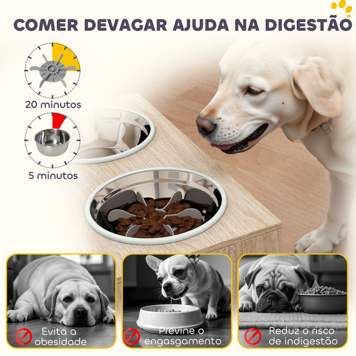 Comedouro Elevado para Cães com 2 Tigelas de Aço Inoxidável 2x2000 ml com 2 Portas Comedouro com Armazenamento Oculto e Antiderrapantes 60x30x35,5 cm Carvalho