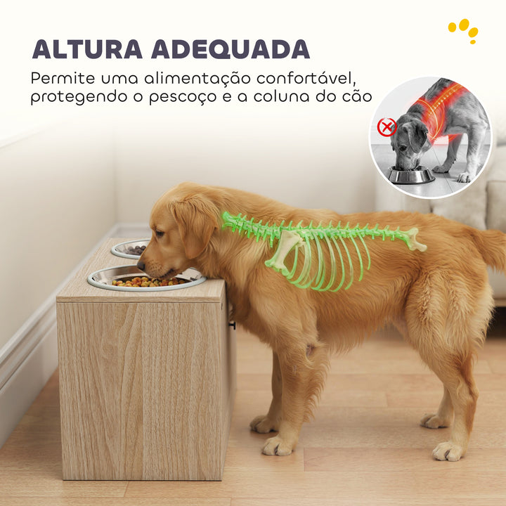 Comedouro Elevado para Cães com 2 Tigelas de Aço Inoxidável 2x2000 ml com 2 Portas Comedouro com Armazenamento Oculto e Antiderrapantes 60x30x35,5 cm Carvalho