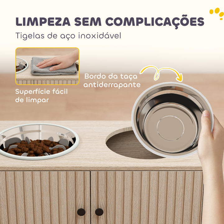 Comedouro Elevado para Cães com 2 Tigelas de Aço Inoxidável 2x2000 ml com 2 Portas Comedouro com Armazenamento Oculto e Antiderrapantes 60x30x35,5 cm Carvalho