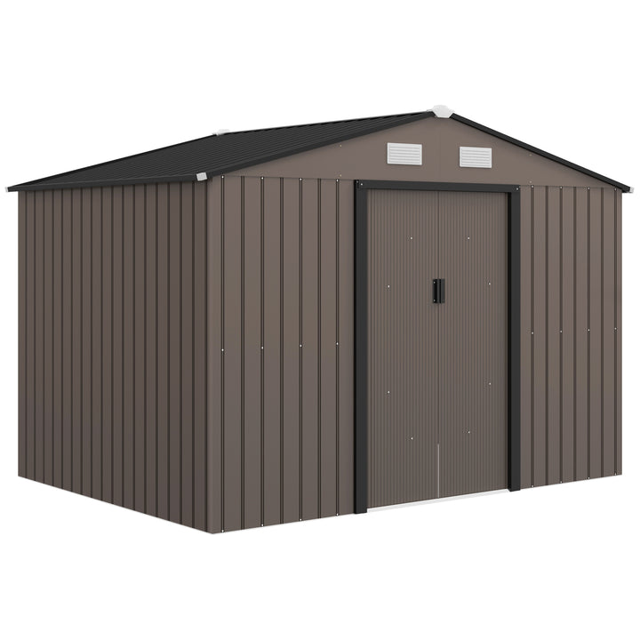 Abrigo de Jardim Exterior Abrigo e Jardim Metálico para Armazenamento de Ferramentas com Base Incluída e 4 Janelas 277x195x192 cm Madeira