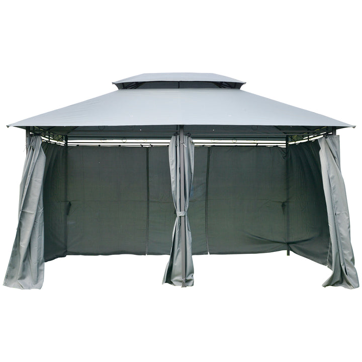 Pérgola de Jardim com Estrutura de Aço Teto Duplo 6 Cortinas Laterais 8 Orifícios de Drenagem 300x400x280 cm Cinza