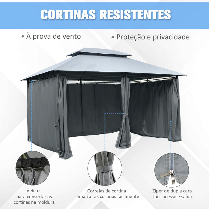 Pérgola de Jardim com Estrutura de Aço Teto Duplo 6 Cortinas Laterais 8 Orifícios de Drenagem 300x400x280 cm Cinza