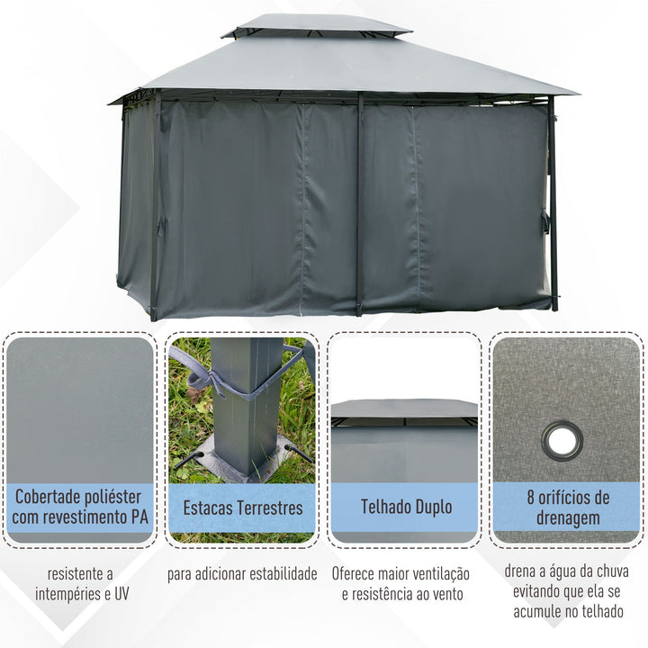 Pérgola de Jardim com Estrutura de Aço Teto Duplo 6 Cortinas Laterais 8 Orifícios de Drenagem 300x400x280 cm Cinza