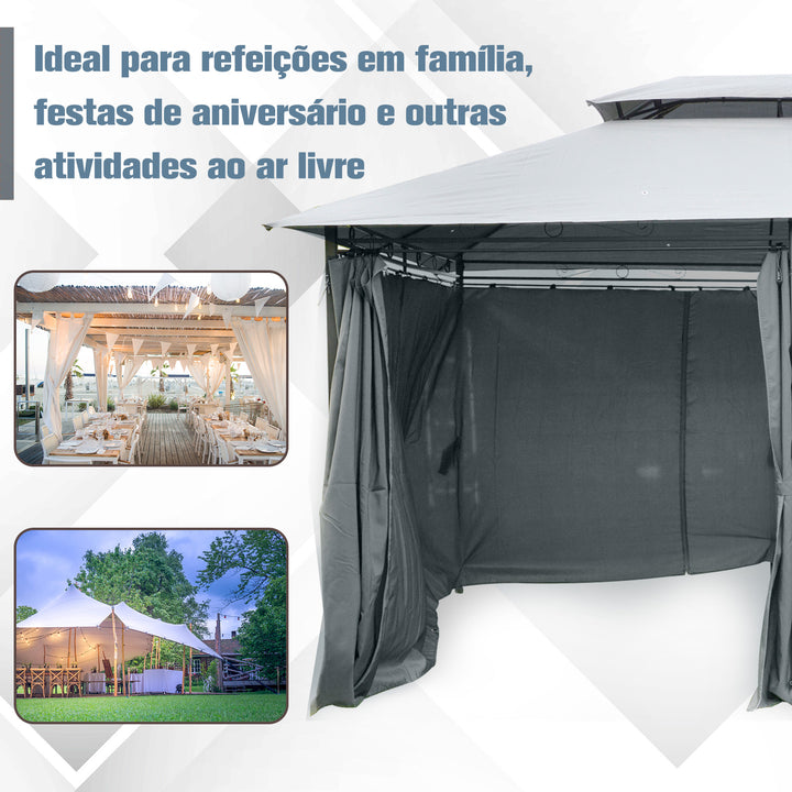 Pérgola de Jardim com Estrutura de Aço Teto Duplo 6 Cortinas Laterais 8 Orifícios de Drenagem 300x400x280 cm Cinza