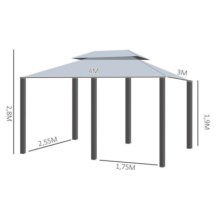 Pérgola de Jardim com Estrutura de Aço Teto Duplo 6 Cortinas Laterais 8 Orifícios de Drenagem 300x400x280 cm Cinza