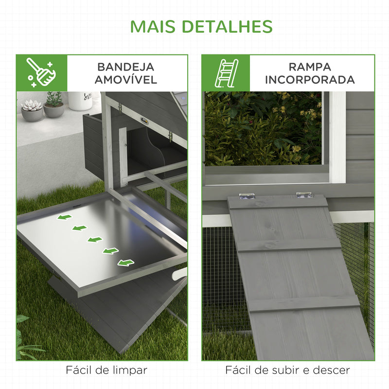 Galinheiro Grande de Madeira 310,5x149,5x149 cm Gaiola para Galinhas com 2 Janelas Portas Ninho Bandeja Amovível e Rampa para Exterior Cinza