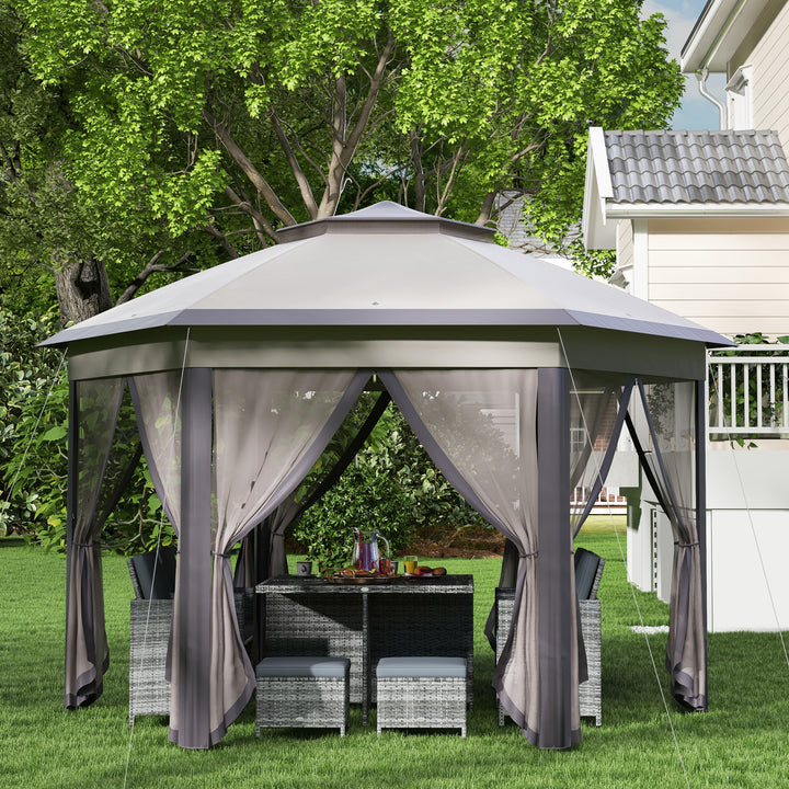 Tenda Dobrável 4x3,4 m Tenda de Jardim Hexagonal com Duplo Teto 6 Mosquiteiras Destacáveis e Saco de Transporte Impermeável Anti-UV para Exterior Festas Castanho e Bege