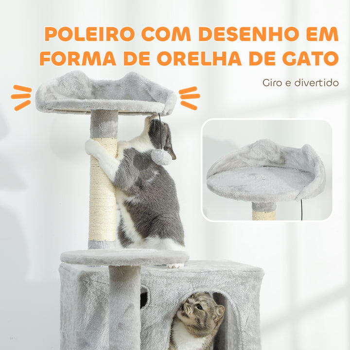 Arranhador para Gatos 180 cm Torre de Escalada com Múltiplas Plataformas Cama 2 Cavernas Rede Escada Postes de Sisal Bolas para Brincar Cinza