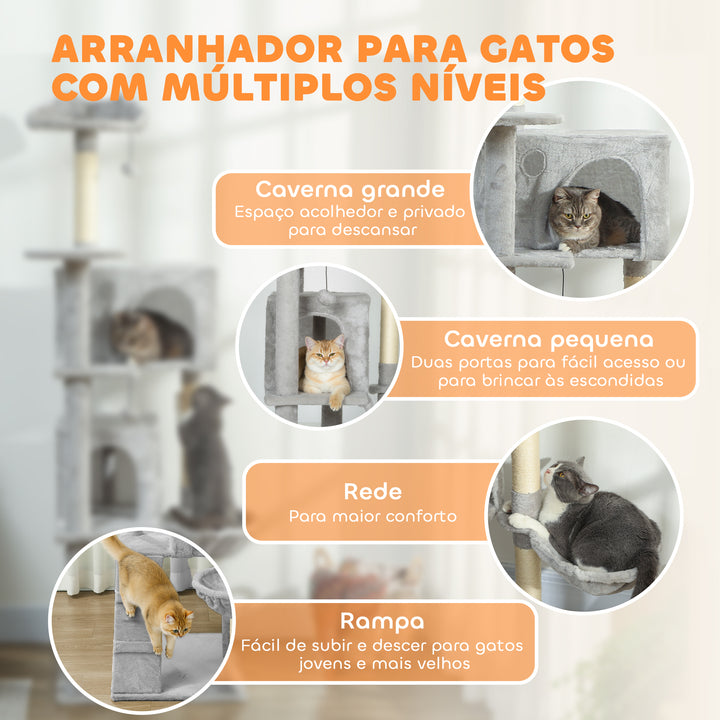 Arranhador para Gatos 180 cm Torre de Escalada com Múltiplas Plataformas Cama 2 Cavernas Rede Escada Postes de Sisal Bolas para Brincar Cinza