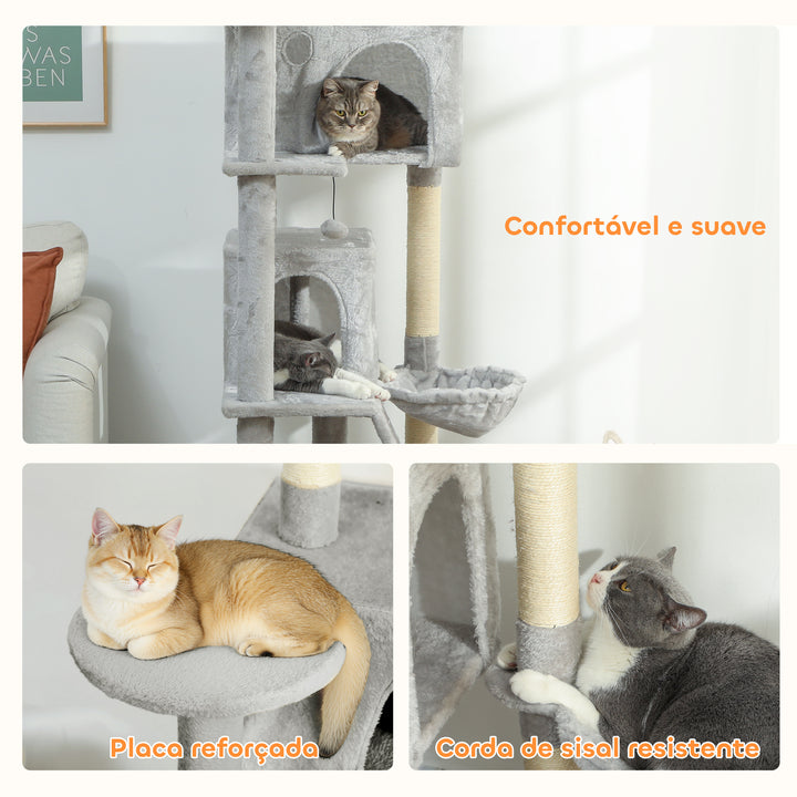 Arranhador para Gatos 180 cm Torre de Escalada com Múltiplas Plataformas Cama 2 Cavernas Rede Escada Postes de Sisal Bolas para Brincar Cinza