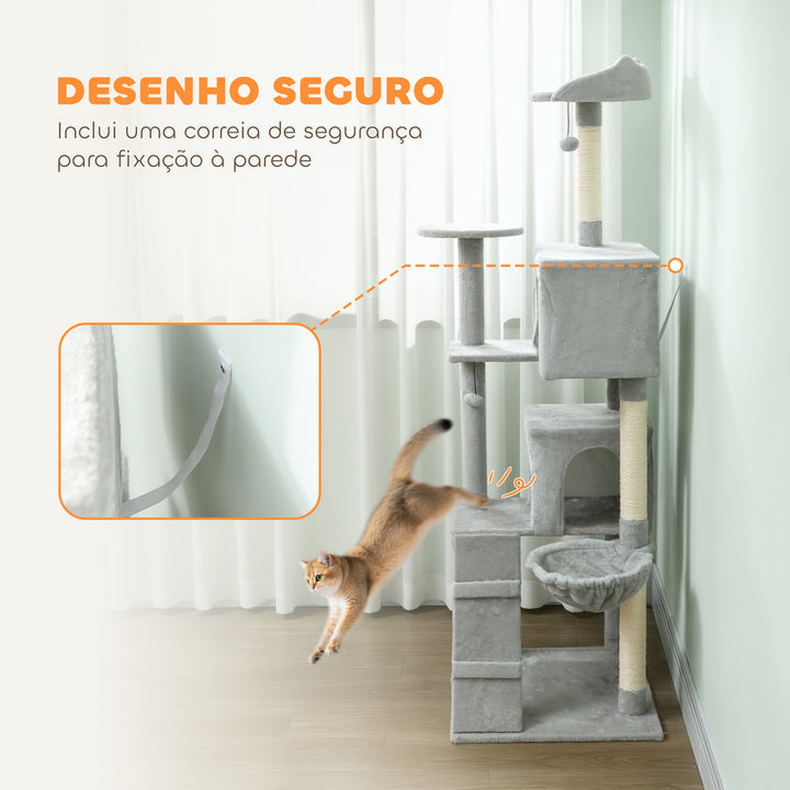 Arranhador para Gatos 180 cm Torre de Escalada com Múltiplas Plataformas Cama 2 Cavernas Rede Escada Postes de Sisal Bolas para Brincar Cinza