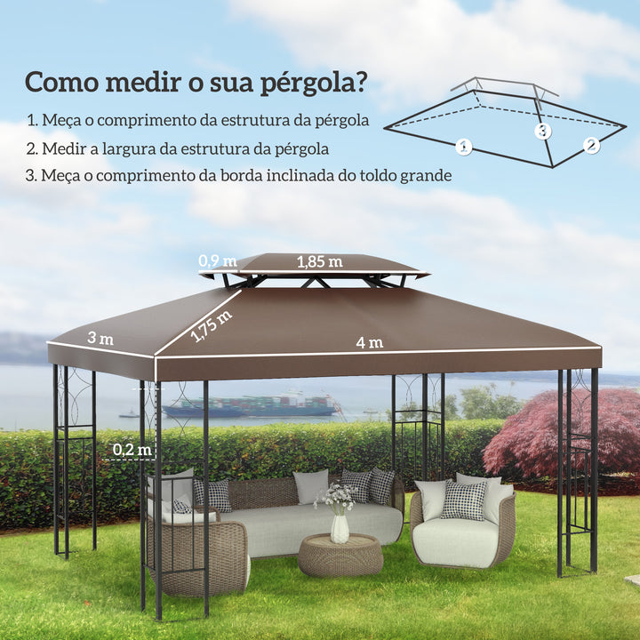 Toldo de Substituição 4x3m para Pérgola de Jardim 2 Níveis Respirável com 10 Orifícios de Drenagem Cobertura de Substituição de Pérgola Exterior Marrom