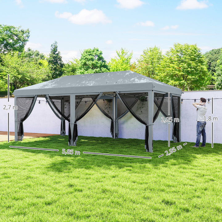 Tenda Dobrável 585x295x270 cm Tenda de Jardim com 6 Mosquiteiros Bolsa de Transporte e Estrutura de Aço para Campismo Festas Cinza