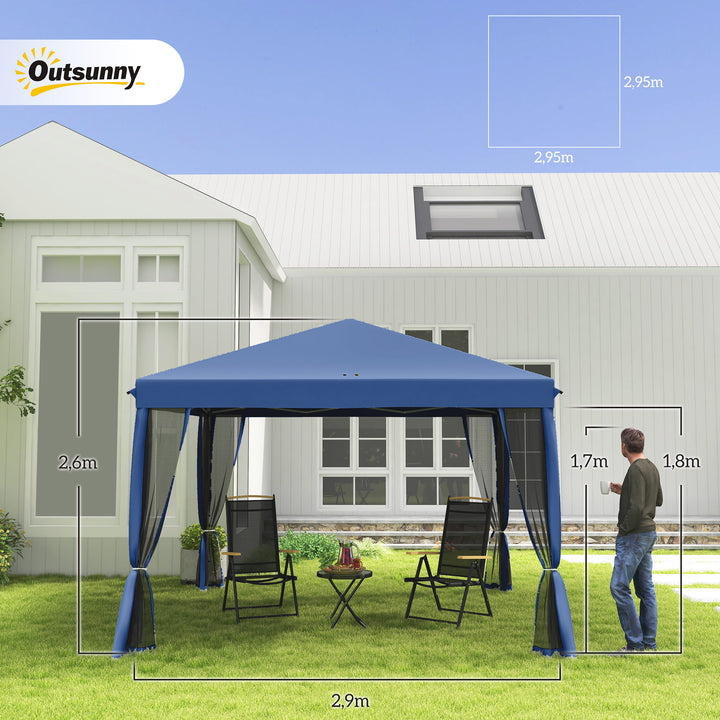 Tenda Dobrável 295x295x260 cm Tenda de Jardim com 4 Paredes Laterais de Malha 8 Orifícios de Drenagem e Bolsa de Transporte para Jardim Pátio Festas Azul