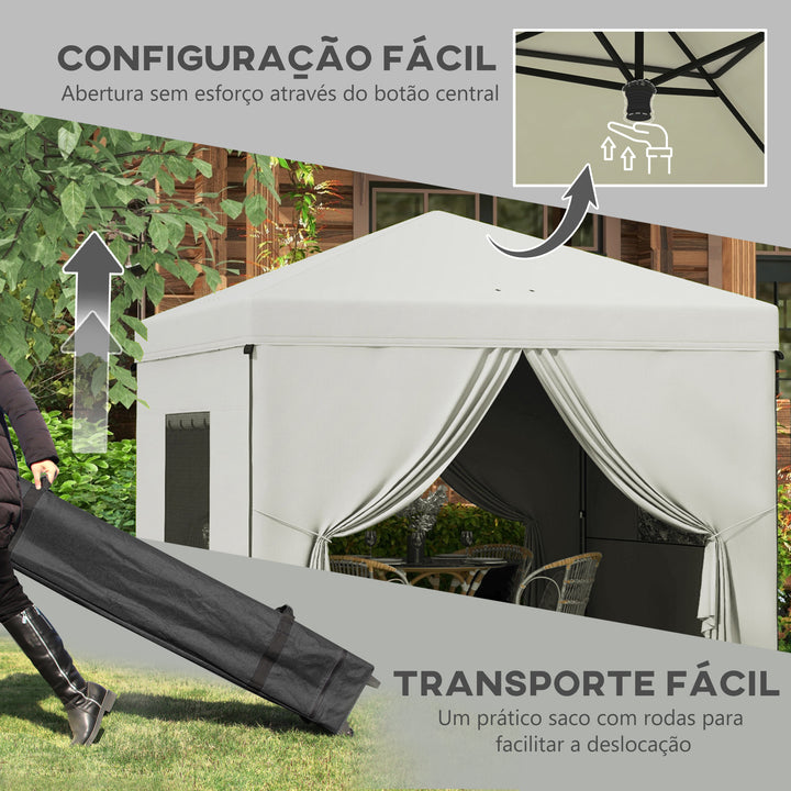Tenda Dobrável 3x3 m Tenda de Jardim com 4 Paredes Laterais 2 Janelas de Malha Altura Ajustável Bolsa de Transporte Impermeável e Anti-UV para Campismo Festas Branco