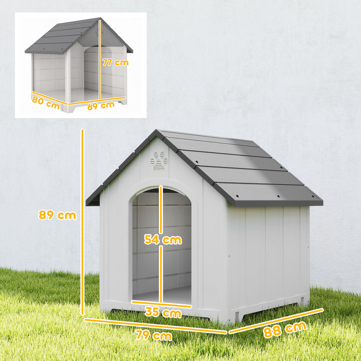 Casota para Cães de Exterior Casa para Cães Grandes em Plástico Impermeável com 2 Janelas Base Elevada Estacas Fácil de Montar 88x79x89 cm Cinzento