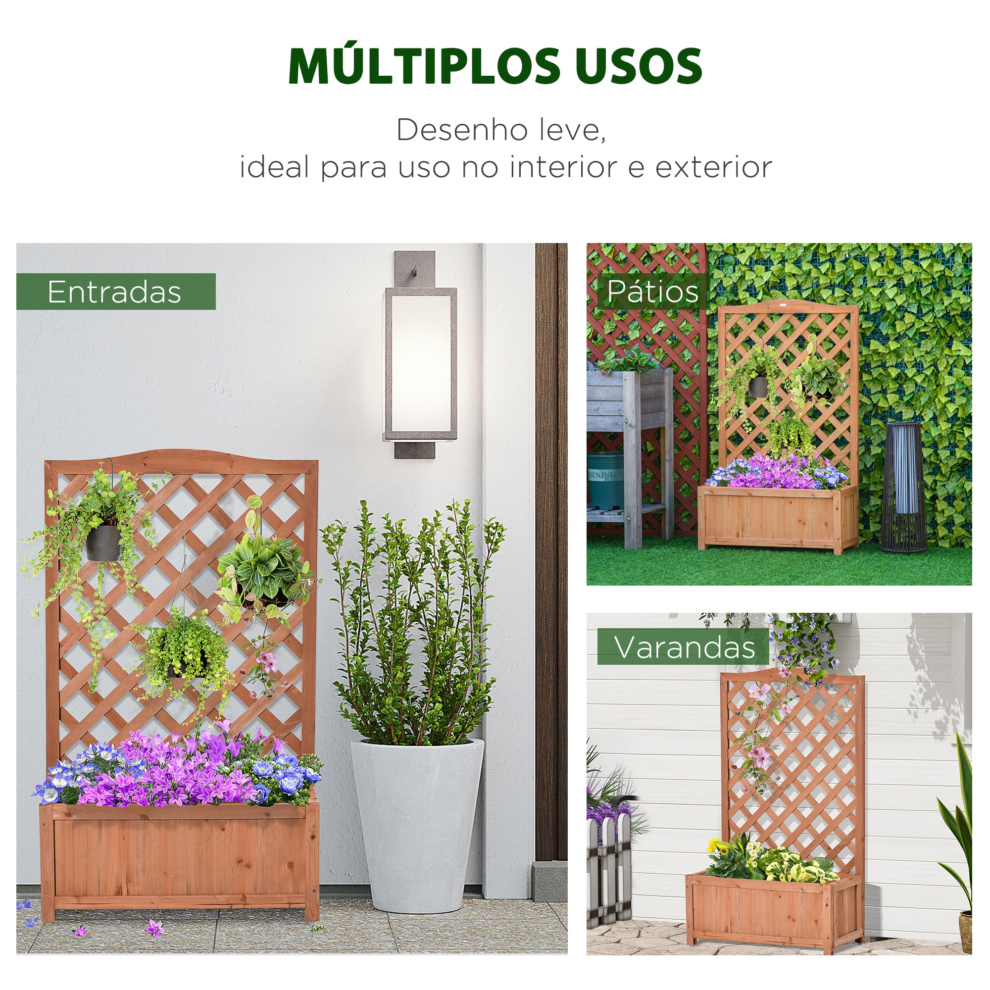 Floreira com Treliça de Madeira Caixa de Plantio com Suporte para Plantas Trepadeiras para Cultivo de Plantas Flores Terraço Jardim Exterior 70x28x117 cm Madeira