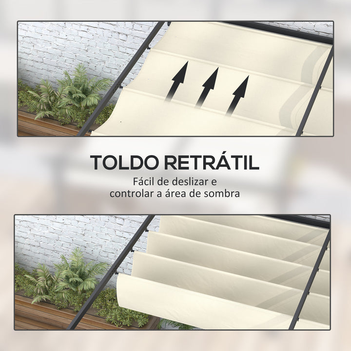 Pérgola de Parede 4x3 m Pérgola de Jardim com Teto Retrátil de Poliéster e Estrutura de Aço para Festas Casamentos Creme e Cinza Escuro