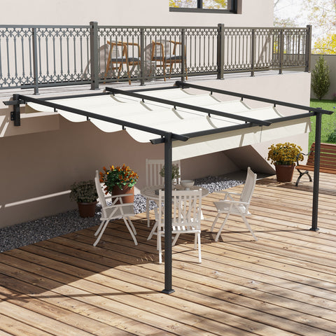 Pérgola de Parede 4x3 m Pérgola de Jardim com Teto Retrátil de Poliéster e Estrutura de Aço para Festas Casamentos Creme e Cinza Escuro