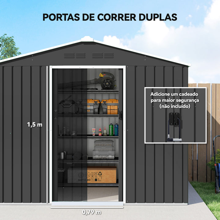 Abrigo de Jardim Exterior 3,6 m² 236x171x191 cm Abrigo de Jardim Metálico com Portas Deslizantes e Aberturas de Ventilação para Armazenamento de Ferramentas Cinzento Escuro