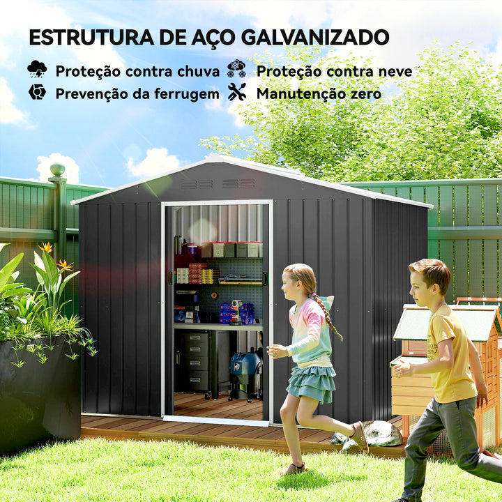 Abrigo de Jardim Exterior 3,6 m² 236x171x191 cm Abrigo de Jardim Metálico com Portas Deslizantes e Aberturas de Ventilação para Armazenamento de Ferramentas Cinzento Escuro