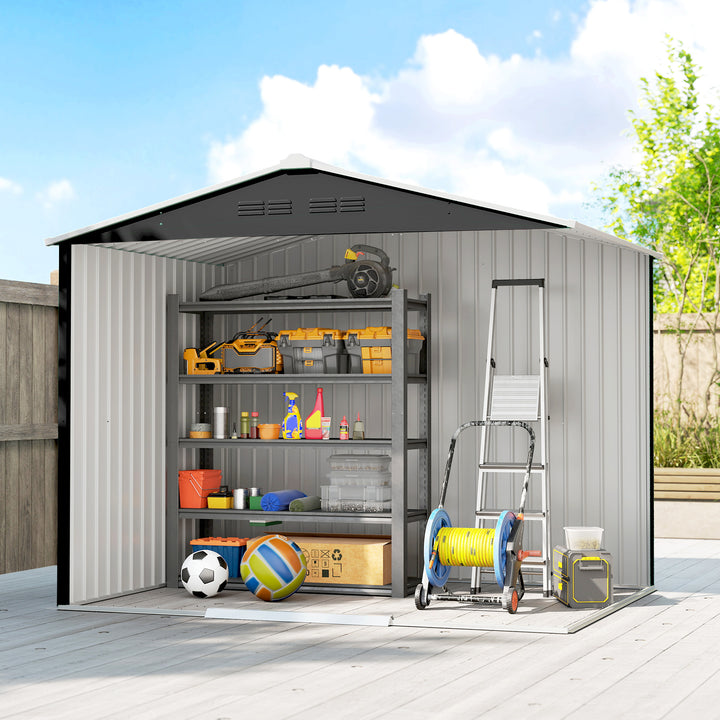 Abrigo de Jardim Exterior 3,6 m² 236x171x191 cm Abrigo de Jardim Metálico com Portas Deslizantes e Aberturas de Ventilação para Armazenamento de Ferramentas Cinzento Escuro