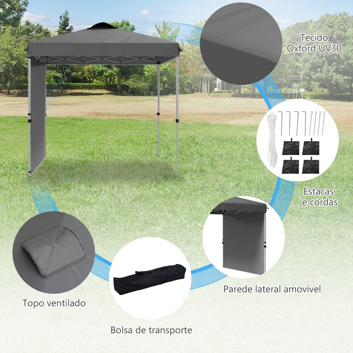 Tenda Dobrável 2,5x2,5 m Altura Ajustável Tenda de Jardim com 1 Parede Lateral Teto com Ventilação e Bolsa de Transporte para Acampamento Festas Cinza Escuro