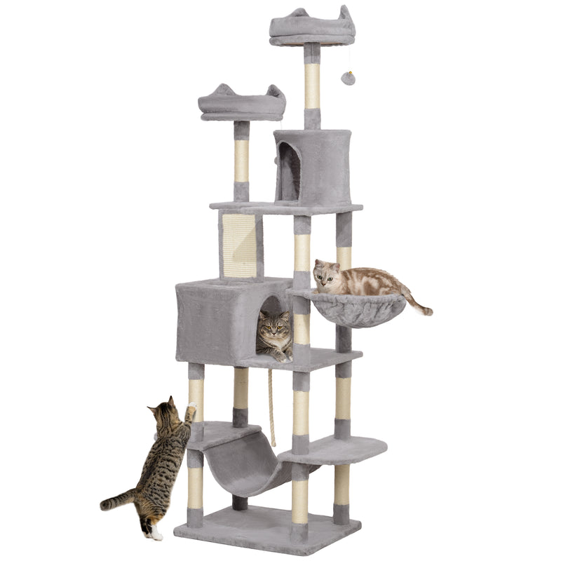 Arranhador para Gatos Grande Altura 173 cm Arranhador para Gatos Torre para Gatos com Plataformas Caverna Bolas Suspensa e Rede Cinza Claro