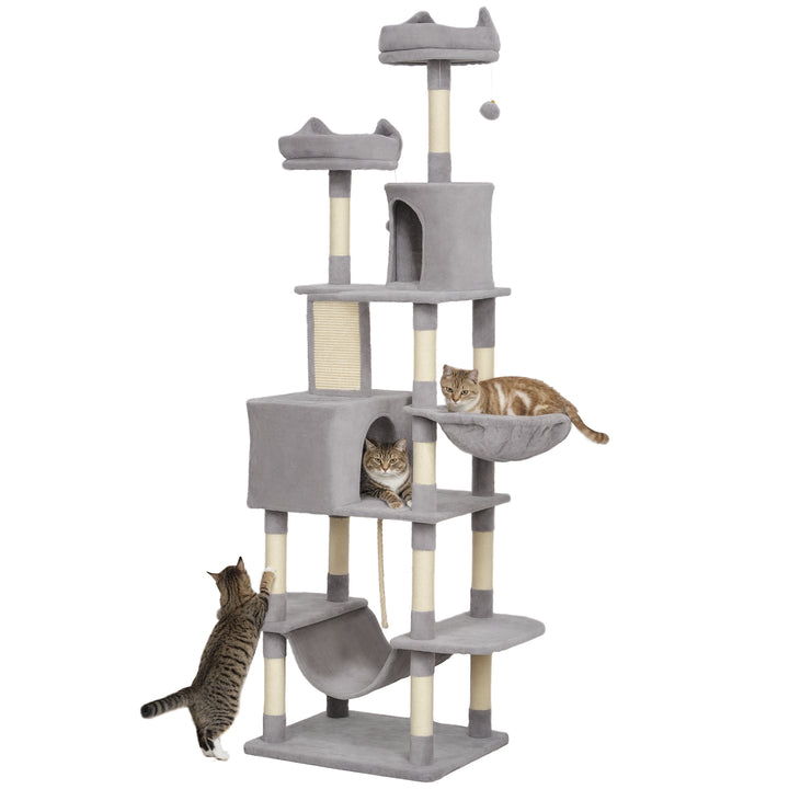 Arranhador para Gatos Grande Altura 173 cm Arranhador para Gatos Torre para Gatos com Plataformas Caverna Bolas Suspensa e Rede Cinza Claro