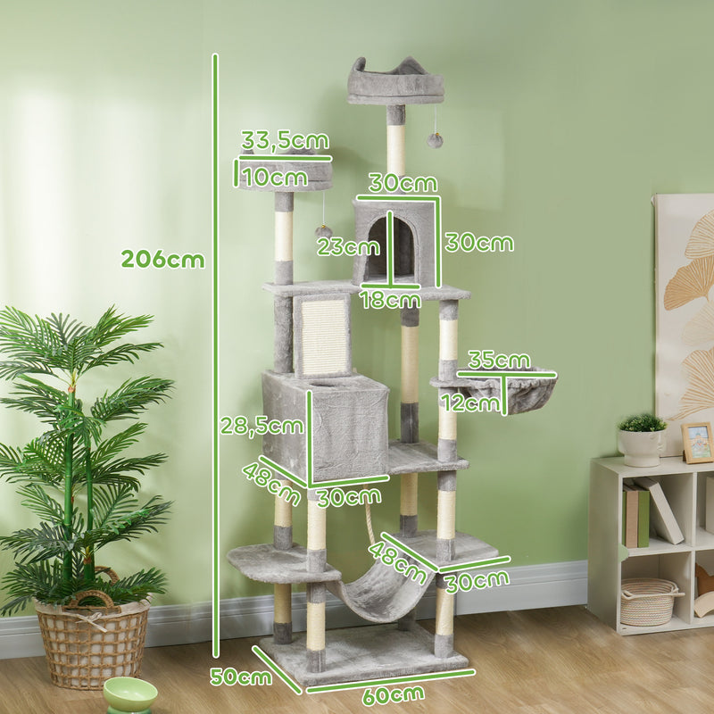 Arranhador para Gatos Grande Altura 173 cm Arranhador para Gatos Torre para Gatos com Plataformas Caverna Bolas Suspensa e Rede Cinza Claro