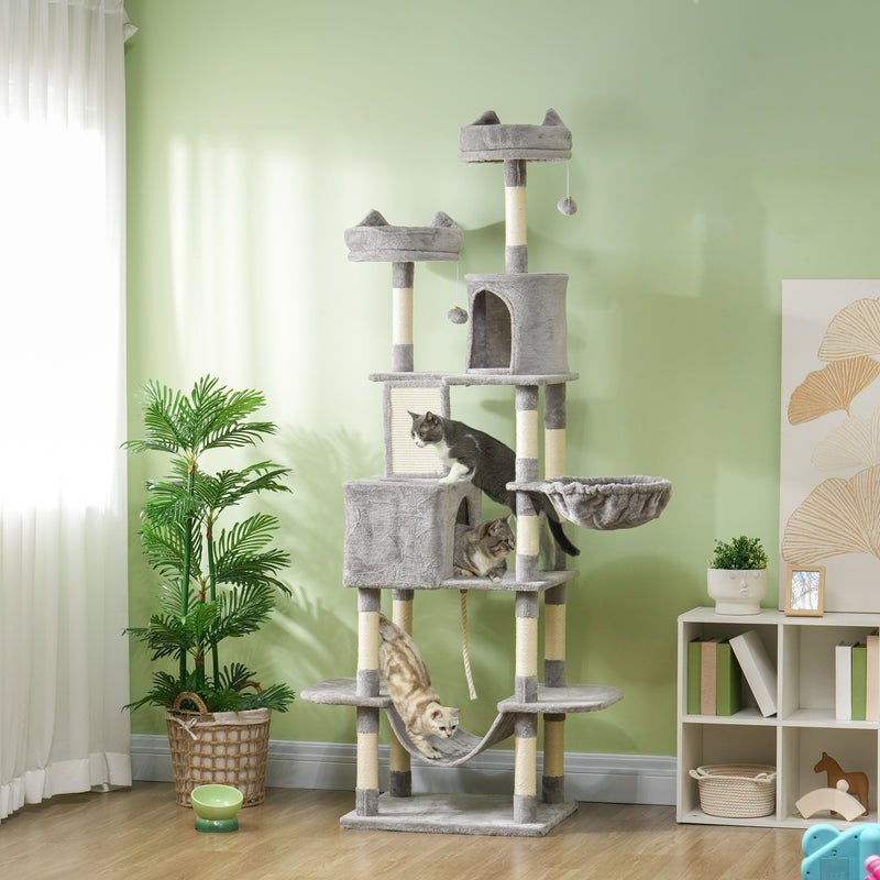 Arranhador para Gatos Grande Altura 173 cm Arranhador para Gatos Torre para Gatos com Plataformas Caverna Bolas Suspensa e Rede Cinza Claro