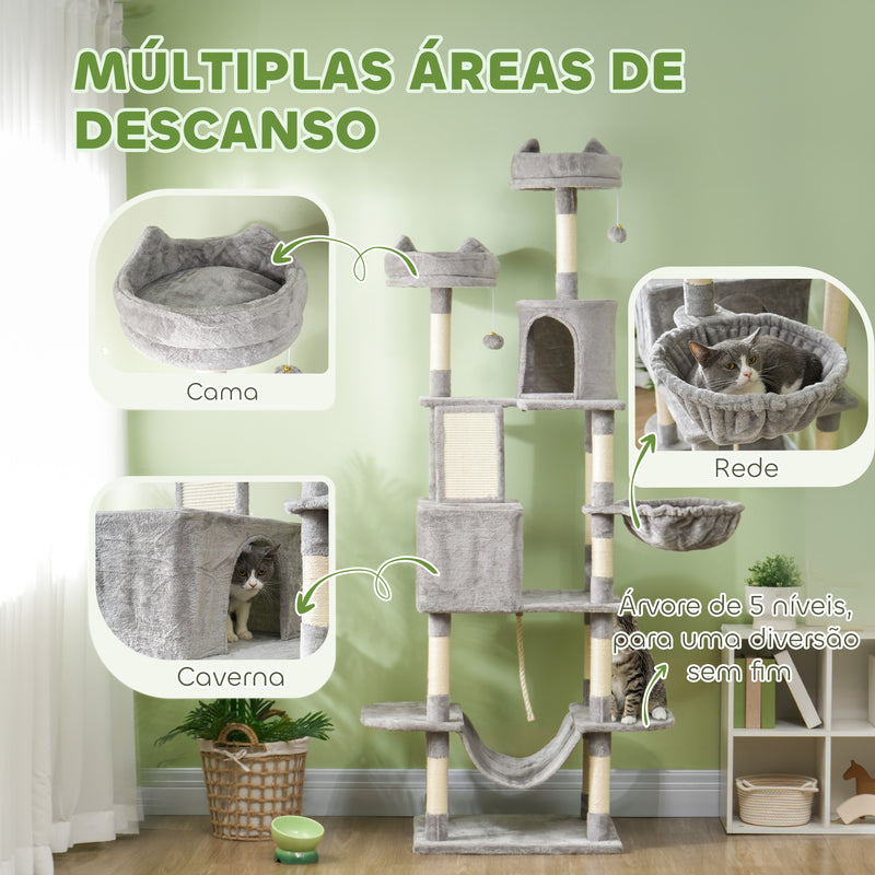 Arranhador para Gatos Grande Altura 173 cm Arranhador para Gatos Torre para Gatos com Plataformas Caverna Bolas Suspensa e Rede Cinza Claro