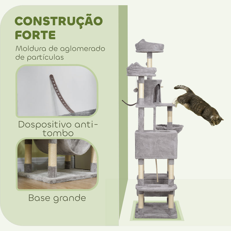 Arranhador para Gatos Grande Altura 173 cm Arranhador para Gatos Torre para Gatos com Plataformas Caverna Bolas Suspensa e Rede Cinza Claro