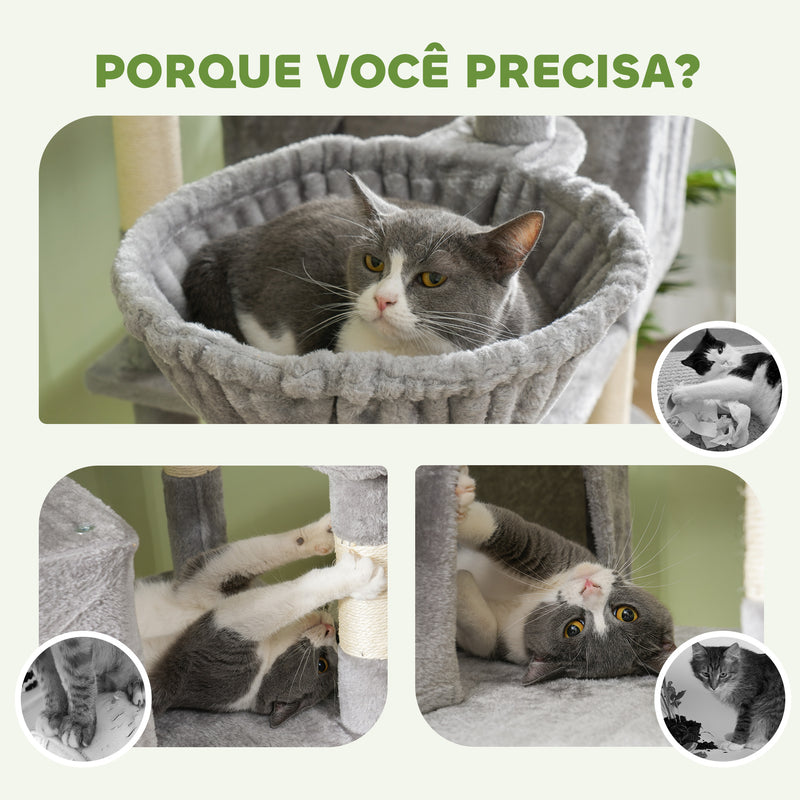 Arranhador para Gatos Grande Altura 173 cm Arranhador para Gatos Torre para Gatos com Plataformas Caverna Bolas Suspensa e Rede Cinza Claro