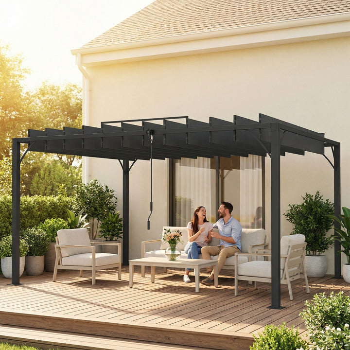 Pérgola 390x295x213 cm para Jardim com Desenho de Lâminas Superiores Giratórias até 135° Proteção UV 50+ e Estrutura de Aço para Pátio Terraço Varanda Cinza