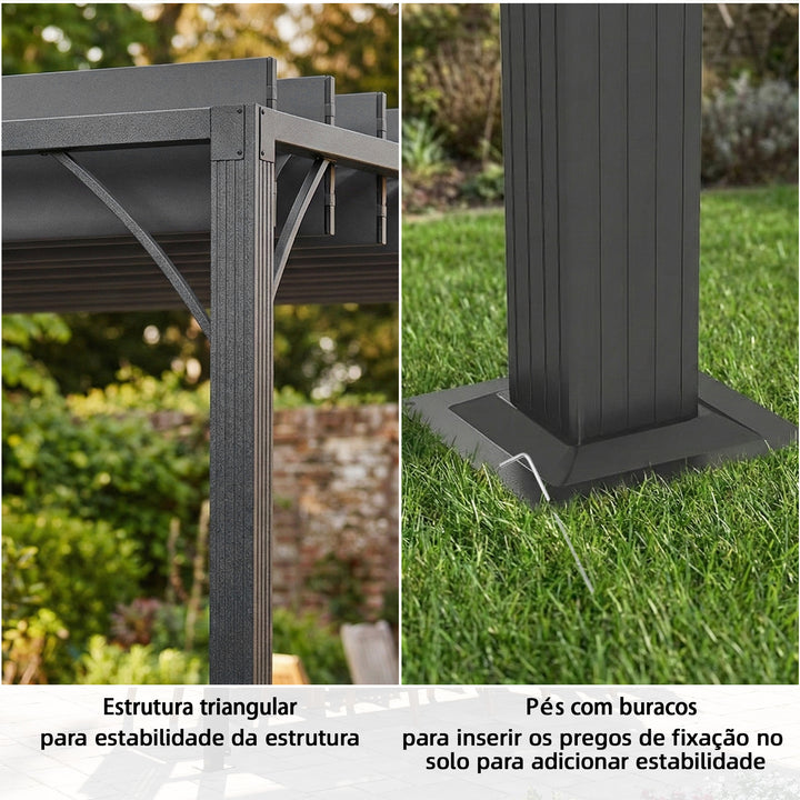 Pérgola 390x295x213 cm para Jardim com Desenho de Lâminas Superiores Giratórias até 135° Proteção UV 50+ e Estrutura de Aço para Pátio Terraço Varanda Cinza