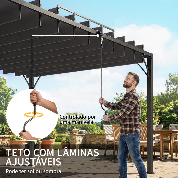 Pérgola 390x295x213 cm para Jardim com Desenho de Lâminas Superiores Giratórias até 135° Proteção UV 50+ e Estrutura de Aço para Pátio Terraço Varanda Cinza