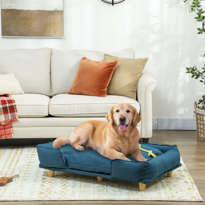 Sofá para Cães Grandes Cama Elevada para Cães com Pés de Madeira e Almofada Lavável Cama para Animais de Estimação Carga 30 kg 96x66x24 cm Azul Escuro