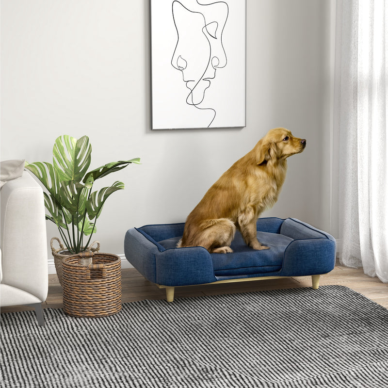 Sofá para Cães Grandes Cama Elevada para Cães com Pés de Madeira e Almofada Lavável Cama para Animais de Estimação Carga 30 kg 96x66x24 cm Azul Escuro