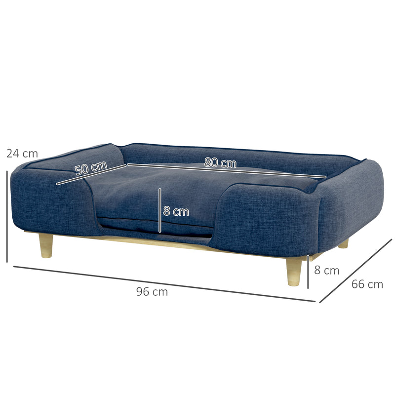 Sofá para Cães Grandes Cama Elevada para Cães com Pés de Madeira e Almofada Lavável Cama para Animais de Estimação Carga 30 kg 96x66x24 cm Azul Escuro