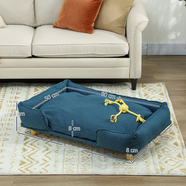 Sofá para Cães Grandes Cama Elevada para Cães com Pés de Madeira e Almofada Lavável Cama para Animais de Estimação Carga 30 kg 96x66x24 cm Azul Escuro