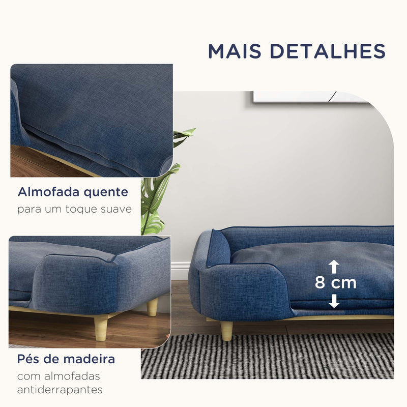 Sofá para Cães Grandes Cama Elevada para Cães com Pés de Madeira e Almofada Lavável Cama para Animais de Estimação Carga 30 kg 96x66x24 cm Azul Escuro