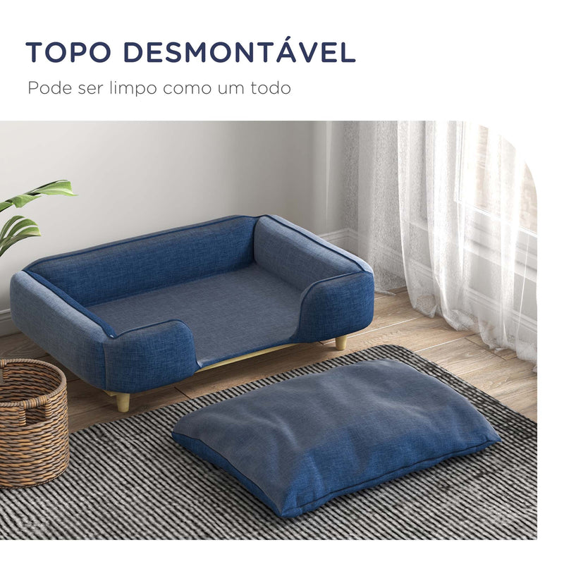 Sofá para Cães Grandes Cama Elevada para Cães com Pés de Madeira e Almofada Lavável Cama para Animais de Estimação Carga 30 kg 96x66x24 cm Azul Escuro