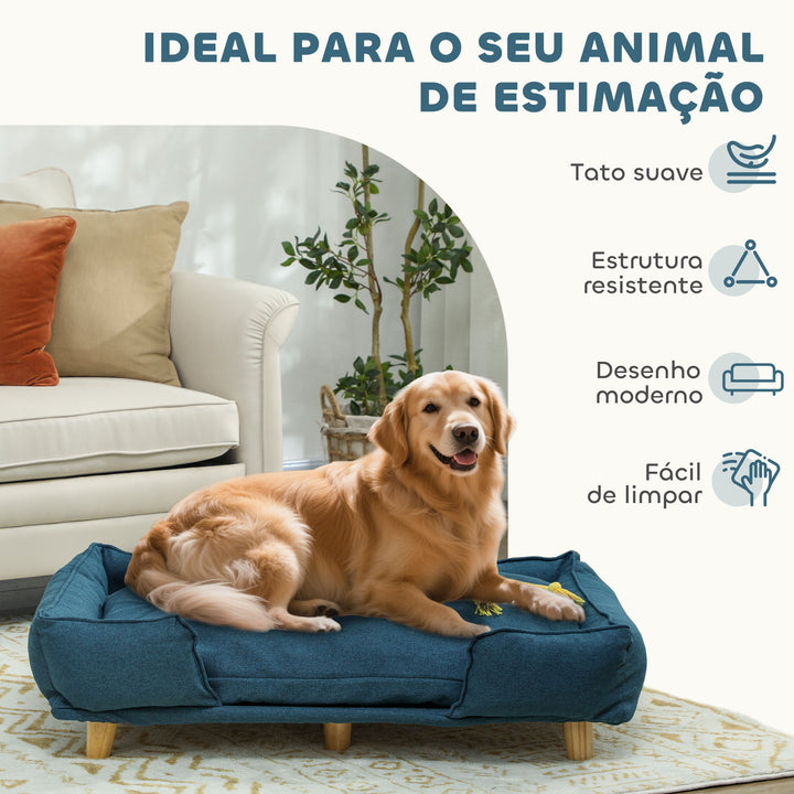 Sofá para Cães Grandes Cama Elevada para Cães com Pés de Madeira e Almofada Lavável Cama para Animais de Estimação Carga 30 kg 96x66x24 cm Azul Escuro