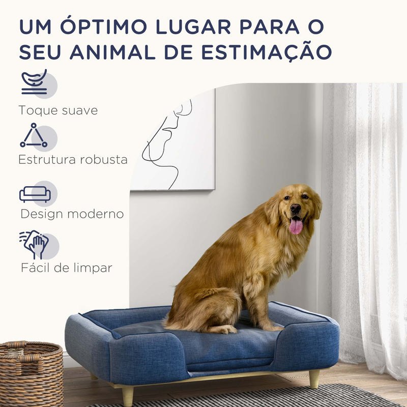 Sofá para Cães Grandes Cama Elevada para Cães com Pés de Madeira e Almofada Lavável Cama para Animais de Estimação Carga 30 kg 96x66x24 cm Azul Escuro