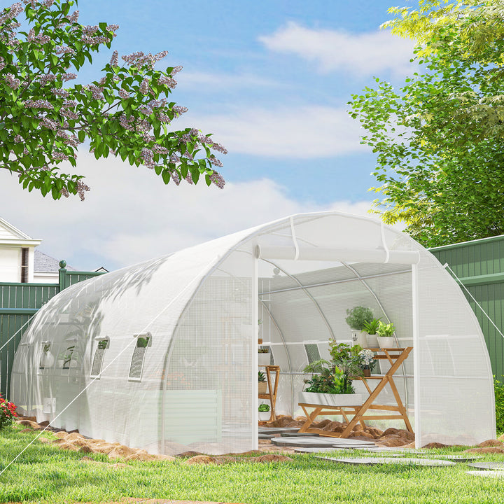 Estufa de jardim Tipo túnel para cultivo com 12 janelas e porta de enrolar Aço e PE 800x300x200 cm Branco